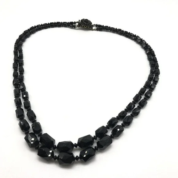 Antique Black Jet Faceted Glass Graduated Double Strand Flower Clasp Necklace - Picture 3 of 8